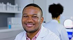 Face, researcher and black man in lab, healthcare and innovation for data analysis, scientific and success. Portrait, Nigerian male employee and happy scientist in laboratory, cure and breakthrough