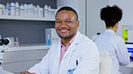 Face, scientist and black man in laboratory, innovation or success with healthcare, vaccine development or breakthrough. Portrait, African male employee or researcher in lab for cure or data analysis