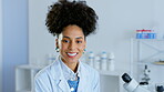 Portrait, science and a doctor woman at work in a laboratory for research, innovation and development. Face, medical and dna with a female scientist working in a lab for examination or breakthrough