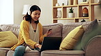 Happy, music and a woman with a credit card and laptop for online shopping, payment and ecommerce. Headphones, typing and Asian girl with information to pay for a web or retail service on a computer