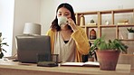 Smile, laptop and asian woman on coffee break in home office, creative freelancer with cup in hands and happiness. Online remote work, tea time and happy girl in Japan at computer working on project.