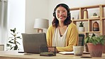 Friendly, remote work or portrait of woman in call center consulting at customer services on laptop. Smile, crm or happy Asian girl consultant in telemarketing or telecom company with headset mic 