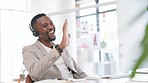 Black man, video call wave and communication in a office with a happy employee. Phone networking, smile and working web analyst in a online meeting about productivity and project planning strategy