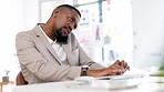 Black man, business call and conversation on a office computer with employee productivity. Phone networking, typing and working web analyst checking work agenda, schedule and website document at desk