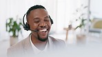 Black man, business talk and telemarketing in a office with a happy employee. Phone networking, smile and working call center worker on a online consultation for web support with communication