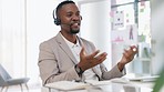 Black man, video call and online meeting in a office with a working employee. Phone networking, conversation and web analyst worker talking about company and digital innovation strategy at a desk