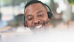 Black man, business call and call center consultation in a office with a happy employee. Phone networking, smile and working male busy with web support, communication and tech help on consulting talk