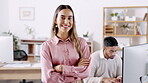 Portrait, professional and a business woman in her office, standing arms crossed with a confident smile. Happy, vision and ambition with an attractive young female employee at work feeling motivated