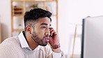 Confused, business man and computer glitch in a office with an employee feeling stress. Anxiety, 404 problem and burnout of a corporate worker with an internet issue and frustrated from work