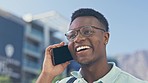 Phone call, hello and black man in a city talking, standing and happy while discussing negotiation. Smartphone, conversation and African businessman networking on commute, happy and smile in London