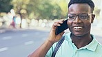 Hello, phone call and black man in a city walking, talking and happy while discussing negotiation. Smartphone, conversation and African businessman networking on commute, happy and positive in London