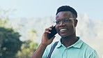 Hello, black man and phone call in a city walking, talking and happy while discussing negotiation. Smartphone, conversation and African businessman networking on commute, happy and positive outdoors