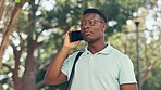 Hello, phone call and happy black man walking outdoors, cheerful and positive on commute. smartphone, conversation and African businessman smile while walking, talking and listening to proposal