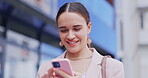 Phone, face smile and woman reading news, email or surfing internet, web or online search on social network app. Review, 5g mobile smartphone or happy person texting, message or contact digital user