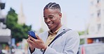 Phone, happy and city black man typing funny sms, check email or surfing internet, web or online search. Social media app, 5g mobile cellphone or urban person texting, message or contact digital user