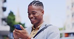 Phone, face or happy black man reading funny blog, check email or surfing internet, website or online search. Social media app, 5g mobile smartphone or person texting, message or contact digital user