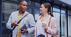 Business people, talking and walking in city friends outdoor on coffee break in urban street. Conversation, tea and black man and woman in discussion, speaking or chatting together, travel or bonding