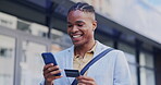 Black man, phone and credit card in the city for online shopping, ecommerce or outdoor purchase. Happy African businessman smile for internet banking, mobile bank app or trading on smartphone in town