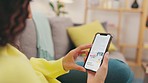 Hand, phone and woman on a sofa with social media, browsing and surfing the internet. Screen, homepage and girl relax while reading website, page and checking online advertising in a living room 