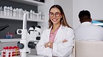 Happy scientist, woman face and blood sample in a laboratory for medical report with happiness. Vision, dna testing and lab research with a female pharma and hospital employee smile with microscope