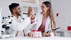 Scientist team, high five and blood sample with tablet in a laboratory for medical research. Success, dna testing and lab project with a happy pharma and hospital group with healthcare analysis check