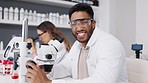 Science, man and face of scientist with microscope in laboratory for research, innovation or treatment. Dna, analysis and portrait of guy healthcare expert with medical sample, experiment or cure