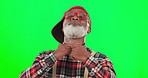 Fixing, bowtie and black man with style on a green screen isolated on a studio background. Fancy, serious and elderly African person adjusting clothing, looking stylish and fashionable on a backdrop