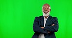 Face, serious and black man with arms crossed, green screen and assertive leader against a studio background. Portrait, African American male employee and leader with skills, stress and confidence