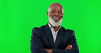 Face, business and black man with arms crossed, green screen and motivation against a studio background. Portrait, African American male leader and happy manager with leadership skills and management