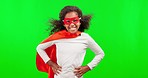 Happy, face and a superhero girl on a green screen isolated on a studio background. Smile, power and portrait of a child in a costume, playing and dressing up for halloween with mockup space
