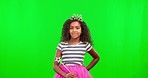 Girl at costume party for children with magic wand, crown and green screen and princess dress up in studio. Fantasy, play and smile, girl with and happiness in fun mockup space, spell games for kids.