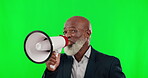 Black man, megaphone and green screen, isolated on studio background broadcast, breaking news or announcement. Senior business person with loud speaker sound for sale, promotion deal or speech mockup