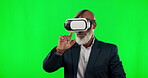 VR, green screen and black man isolated on studio background metaverse, futuristic or 3d user experience. Virtual reality, high tech and business person, glasses software or digital world interaction