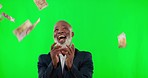 Smile, studio and black man with money rain, celebration of success isolated on chromakey background. Cash, wealth and happiness, businessman with bonus and financial freedom in green screen mockup.