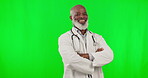 Green screen, proud face of black doctor isolated on studio background for healthcare leadership and happy career mindset. Senior professional, medical man and hospital, clinic or health mockup space