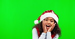 Christmas, surprise and face of child in green screen studio for present, celebration and excited. Wow, holiday and festive with portrait of young girl on background for mind blow, crazy and festive