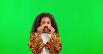 Green screen, fake moustache and child in costume, funny accessory and onesie in studio. Halloween fashion, childhood and portrait of girl with facial hair for comic, party dress up and emoji mockup