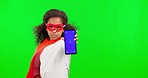 Girl child, superhero and phone by green screen