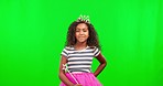 Princess, face and child in studio with green screen in a fairy outfit, crown and wand. Happy, smile and portrait of a girl kid model with cosplay costume and accessories by a chroma key background.