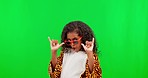 Green screen, hands and child with tiger costume, cool sunglasses and onesie with funky attitude. Halloween fashion, studio and portrait of happy girl with rock hand gesture for comic, funny or emoji