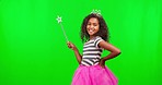 Face, princess and girl with costume, green screen and happiness against a studio background. Portrait, female child and young person with royal aesthetic, fairytale outfit and kid with wand and joy