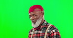 Green screen, sunglasses and cool senior man portrait feeling happy, excited and isolated in a studio background. Face, funny and old or elderly person remove glasses with a smile, style and fashion