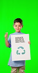 Green screen, recycle sign and child isolated on studio background for sustainablity, recycling and volunteering mockup. Face of kid, cardboard and point you, social responsibility and climate change