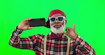 Senior man, selfie and happy by green screen with peace, call me sign and smile for social media app. Elderly african influencer, male and photography with happiness, fashion and style by background