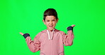 Green screen, confused and annoyed child shrugging shoulders feeling angry isolated in a studio background. Frustration, unsure and portrait of clueless boy kid doing doubt hand gesture or reaction