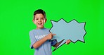 Face, speech bubble and boy with smile, green screen and brand development on studio background. Portrait, male child or young person with poster for communication, advertising or opinion with mockup
