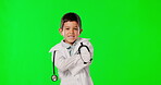 Portrait, children and a child doctor on a green screen background in studio for healthcare or insurance. Kids, smile and medicine with a young boy arms crossed looking happy about medical treatment