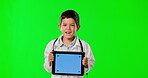 Doctor, kid and tablet with mockup green screen in studio isolated on a background. Face portrait, healthcare and happiness of boy with touchscreen for marketing or advertising with tracking markers.