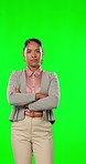 Frustrated, portrait and business woman with green screen and problem with arms crossed. Angry, conflict and upset of a corporate female with isolated and studio background feeling annoyed and mad