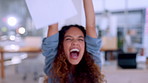 Happy woman throw papers in office success, winning or business celebration of startup news, goals or bonus on laptop. Excited winner  biracial person dancing with documents and celebrate opportunity